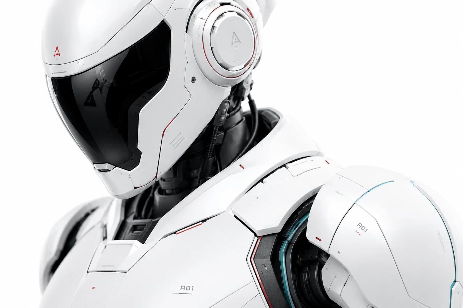 Detail of a sleek white humanoid robot with crimson and teal accent lines