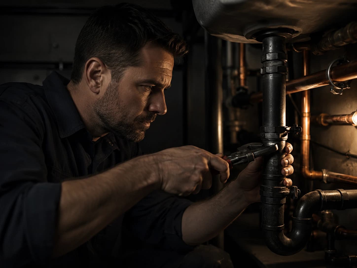 Plumber working on pipes